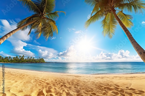 Palm Trees on Beach: Wide Panorama Beach Background Concept - Stunning Tropical Scene