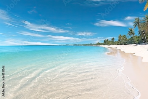 Panorama of a Beautiful White Sand Beach and Turquoise Water: Empty Tropical Beach and Seascape Image © Michael