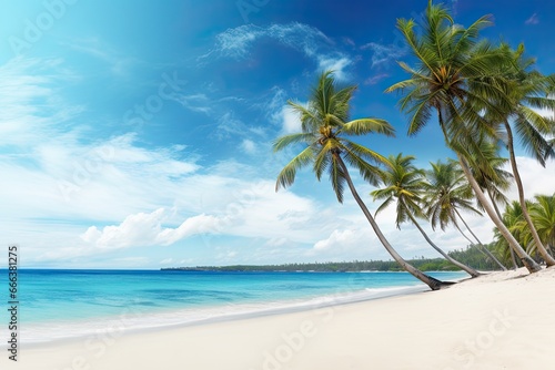 Panoramic Beach Background Concept: Palm Trees on Beach Wide - A Serene Tropical View © Michael