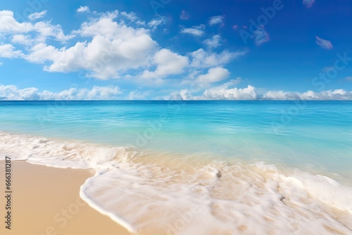 Panorama: Beautiful White Sand Beach and Turquoise Water with Soft Blue Ocean Waves on Sandy Beach Background