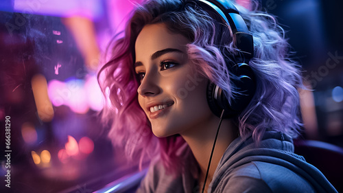Female streamer dressed Happy gamer, teenager girl and headphones, online games or virtual competition. Female streamer, computer live streaming and gaming neon lighting,