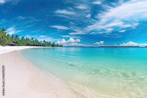 Panorama: Beautiful White Sand Beach and Turquoise Water   Nature Landscape View of Tropical Beach and Sea in Sunny Day © Michael