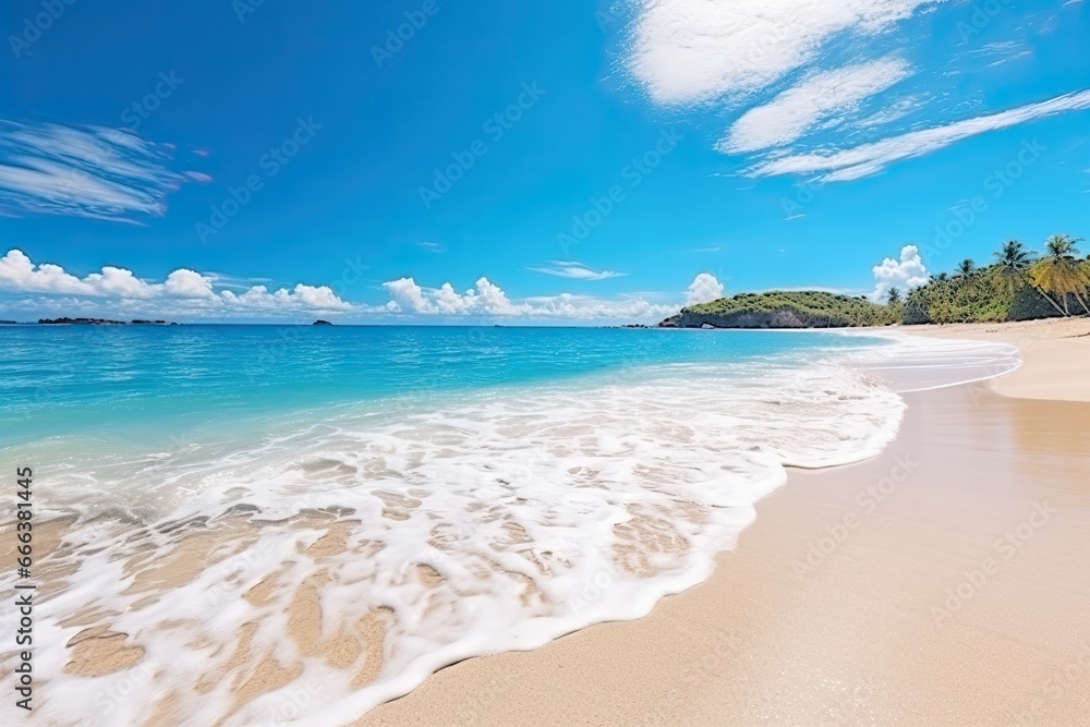 White Sand Beach and Turquoise Water Panorama: Stunning View of a Beautiful Tropical Beach and Sea in Sunny Day