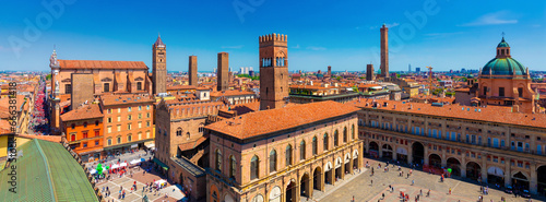 Panoramic view of the historical center with the towers of Bologna and the main square Piazza Maggiore, Bologna, Italy photo