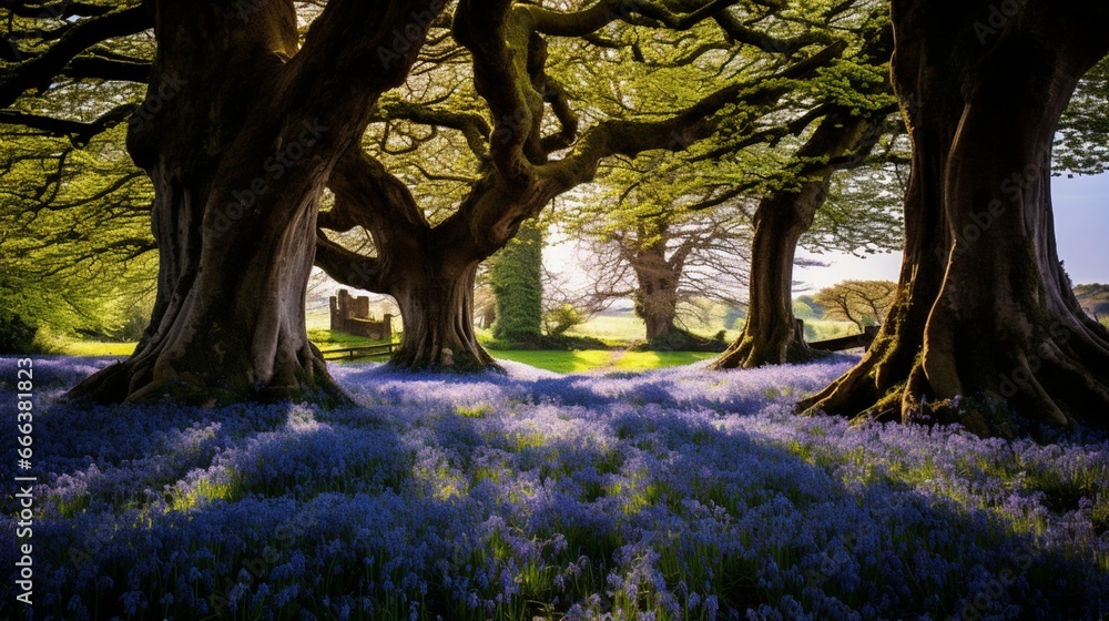 A carpet of bluebells under a canopy of ancient oak trees.