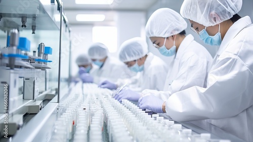Staff inspecting medical vials on production line in pharmaceutical factory photo