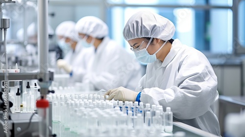Staff inspecting medical vials on production line in pharmaceutical factory photo