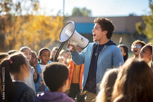 Capture a young leader addressing a group of volunteer. Generative AI photo