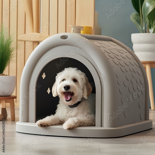a dog is sitting in a dog house