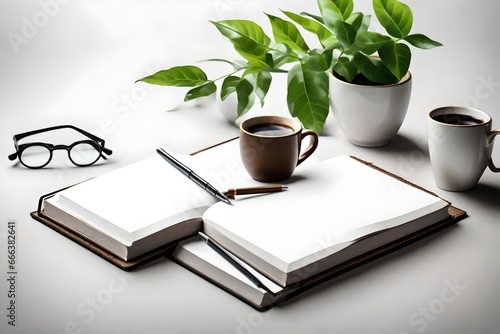 Blank book cover for mock up with coffee, plant and reading glasses 