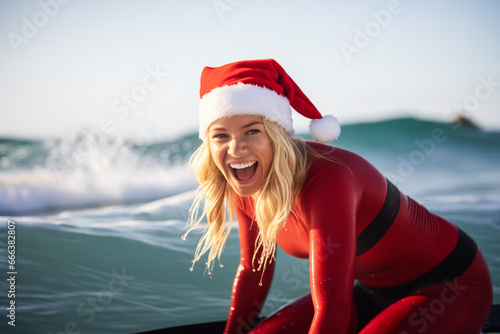 Photo of attractive young female on surfing board in Santa Claus clothes