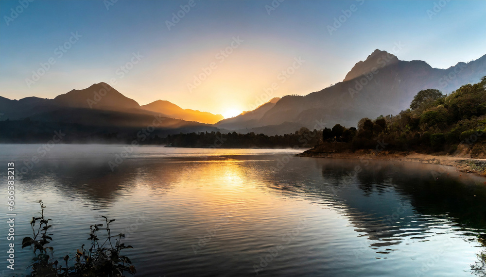 First Light Magic Sunrise at the Lake with Mountains