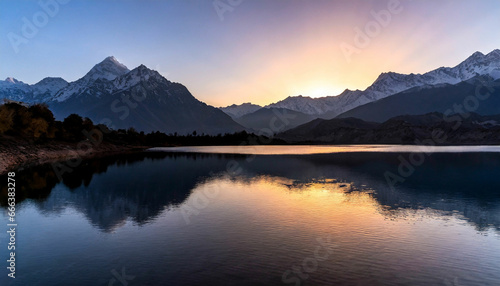 First Light Magic Sunrise at the Lake with Mountains © MS Store