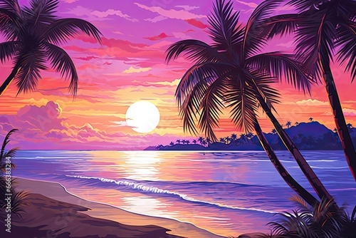 Vibrant Purple Beach Sunset  Stunning Palm Trees Silhouetted Against the Twilight Sky