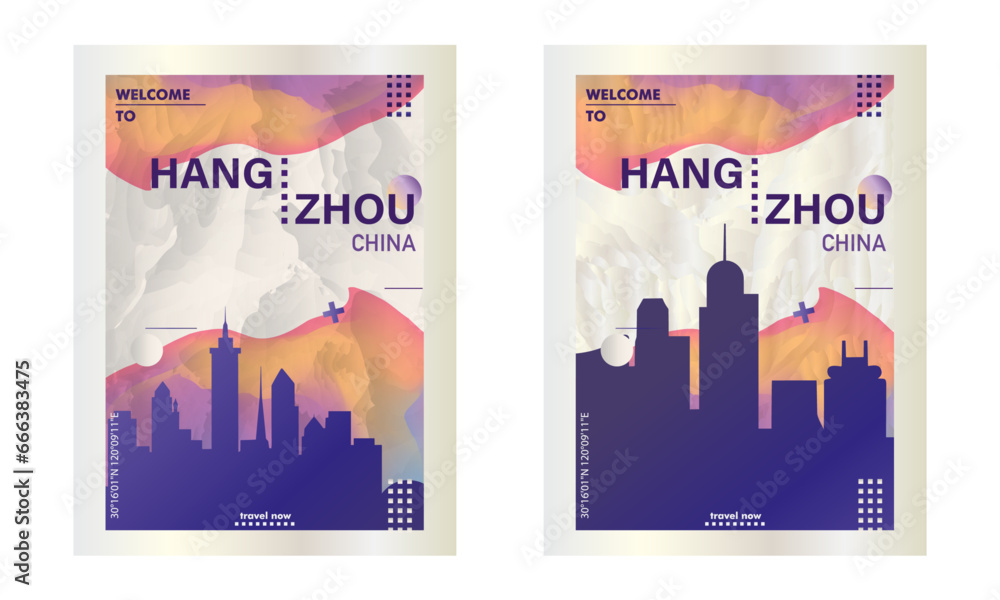 China Hangzhou city poster pack with abstract skyline, cityscape, landmarks and attractions. Zhejiang travel vector illustration set for brochure, website, page, presentation