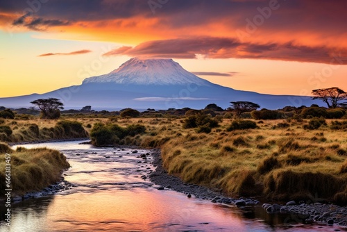 Sunset view of Mt. Kilimanjaro in Tanzania, Africa. Generative AI