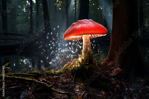 Luminous toadstool emits enchanting glow amidst woods. Generative AI