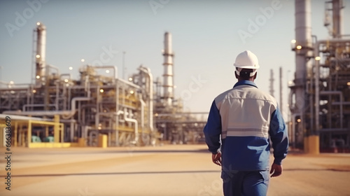 Oil and gas worker in helmet stand back and look at offshore petroleum platform