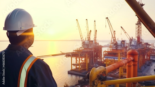 Oil and gas worker in helmet stand back and look at offshore petroleum platform photo