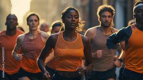A group of athletes runs a marathon along the city roads.