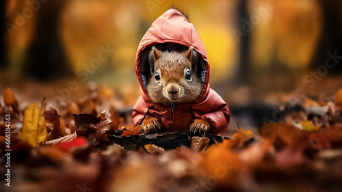 Super cute funny squirrel wearing a scarf in beautiful Fall landscape  Autumn scene with a cute european red squirrel. Sciurus vulgaris. copy space