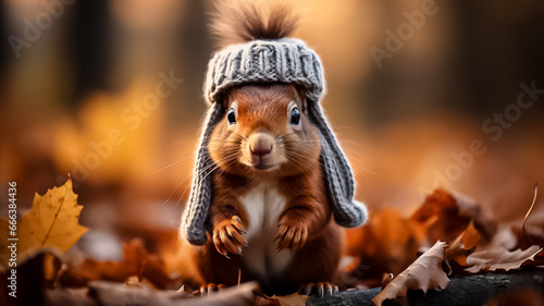 Super cute funny squirrel wearing a scarf in beautiful Fall landscape, Autumn scene with a cute european red squirrel. Sciurus vulgaris. copy space © Shubby Studio