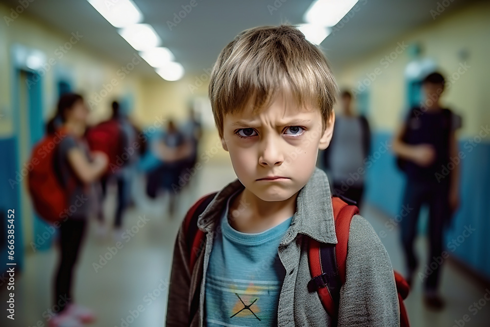 Portrait of an offended student in a school hallway. Bullying concept at school. Portrait of an offended student in a school hallway. Bullying concept at school.