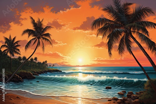 Summer Beach  Stunning Sunset with Palm Trees  a Tropical Paradise