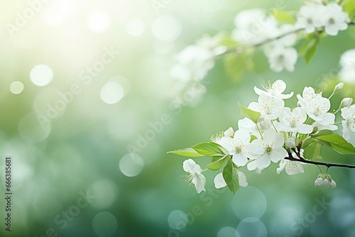 Green spring bokeh with white flowers and branches. Generative AI