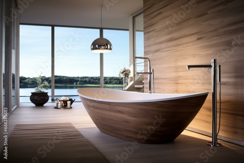 Modern bathroom with a freestanding bathtub. Generative AI © Eamon