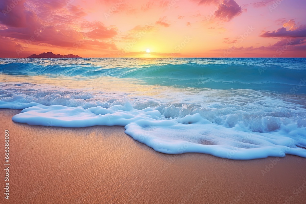 Obraz premium Sunset Beach Images: Soft Wave of Blue Ocean on Sandy Beach Background
