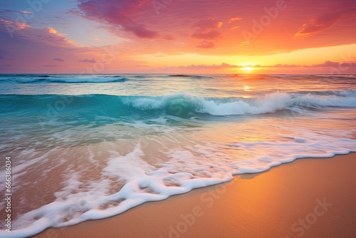 Sunset Beach Images: Soft Wave of Blue Ocean on Sandy Beach Background - Breathtaking Visuals for a Relaxing Escape