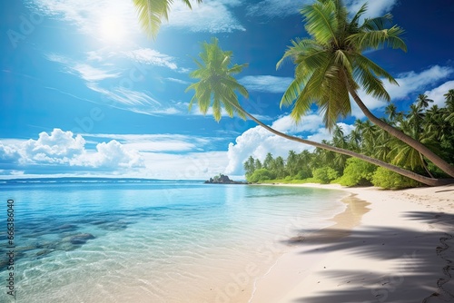 Sunny Day Beach  Tropical Paradise with White Sand and Coco Palms - A Blissful Oasis for Beach Lovers