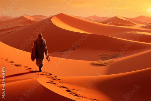 Walking alone in the desert with footsteps. High quality photo