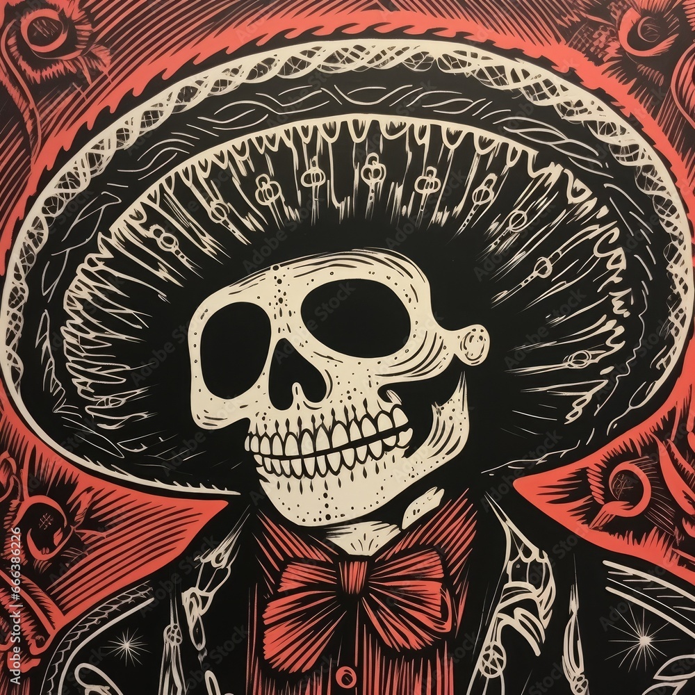 Fototapeta premium Day of deads, mexico celebration, woodcut print od calaveras skeletons in black and orange