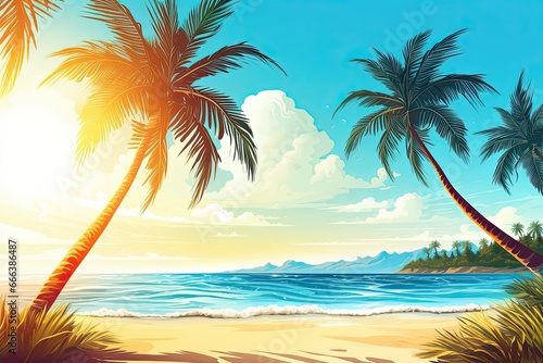 Beach with Palm Tree - Tropical Holiday Beach Banner: Vibrant Summer Getaway Image