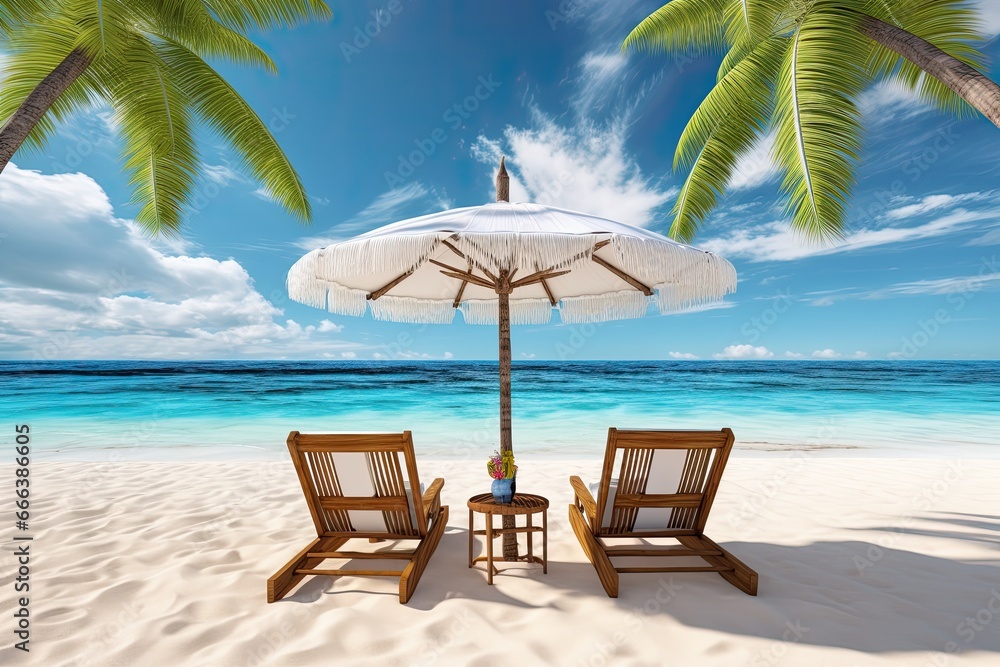 Tropical Paradise Beach: White Sand, Coco Palms, Chairs, and Umbrella on Beach