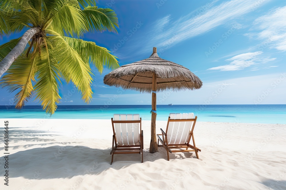 Tropical Paradise Beach: White Sand, Coco Palms, Chairs, and Umbrella | Ultimate Relaxation