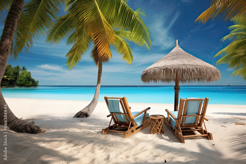 Obraz premium Tropical Paradise Beach: White Sand, Coco Palms, Chairs, and Umbrella - A Dreamy Vacation Spot