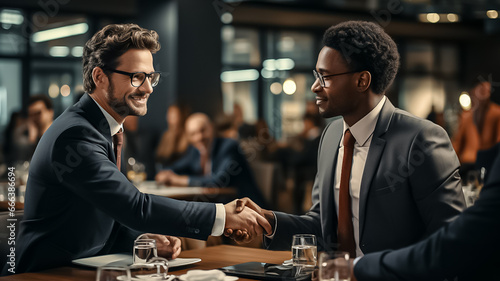 Two happy mature business men shaking hands in office. Successful african american businessman in formal clothing closing deal with handshake. Multiethnic businessmen shaking hands during a meeting. photo