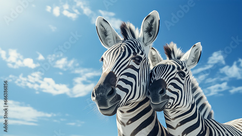 Two zebras embracing.A serene moment in a Zebra herd as two family members rest their heads on each other. striped cape donkey in the blue sky with copy space © Shubby Studio