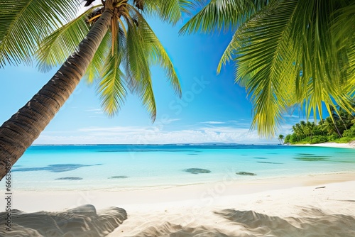 Vacation Travel Holiday Beach Banner Image: Stunning Palm Trees on Beach Await Your Tropical Getaway