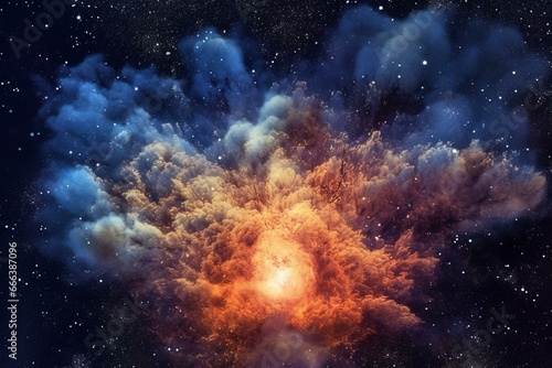 Illustration of a celestial explosion in a galaxy creating a dust cloud, filled with stars in the night sky. Generative AI