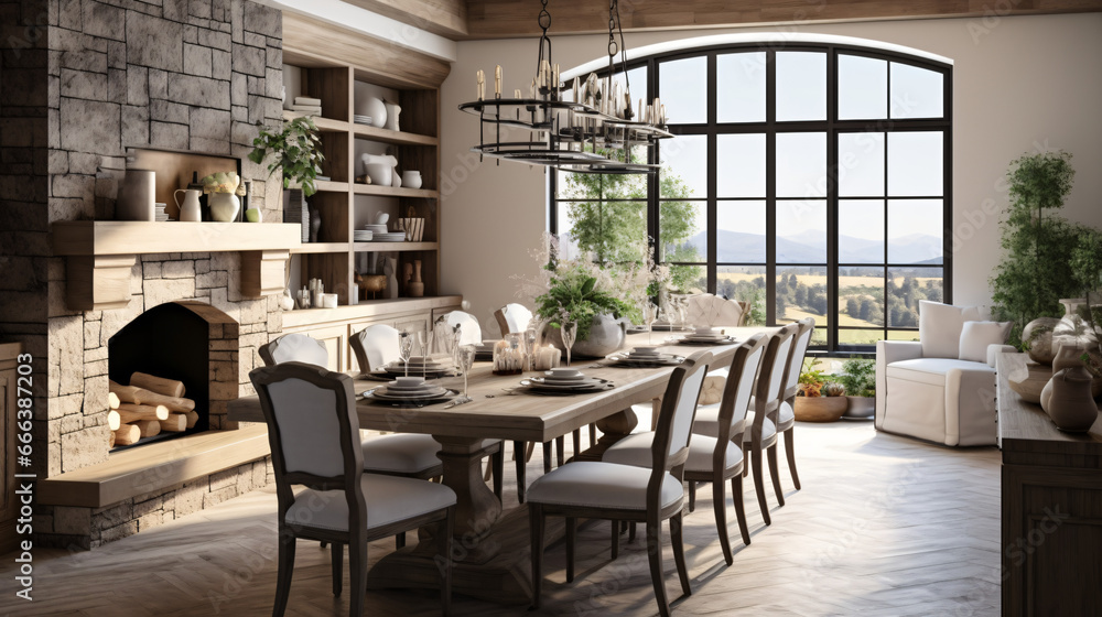 Contemporary farmhouse style dining room featuring