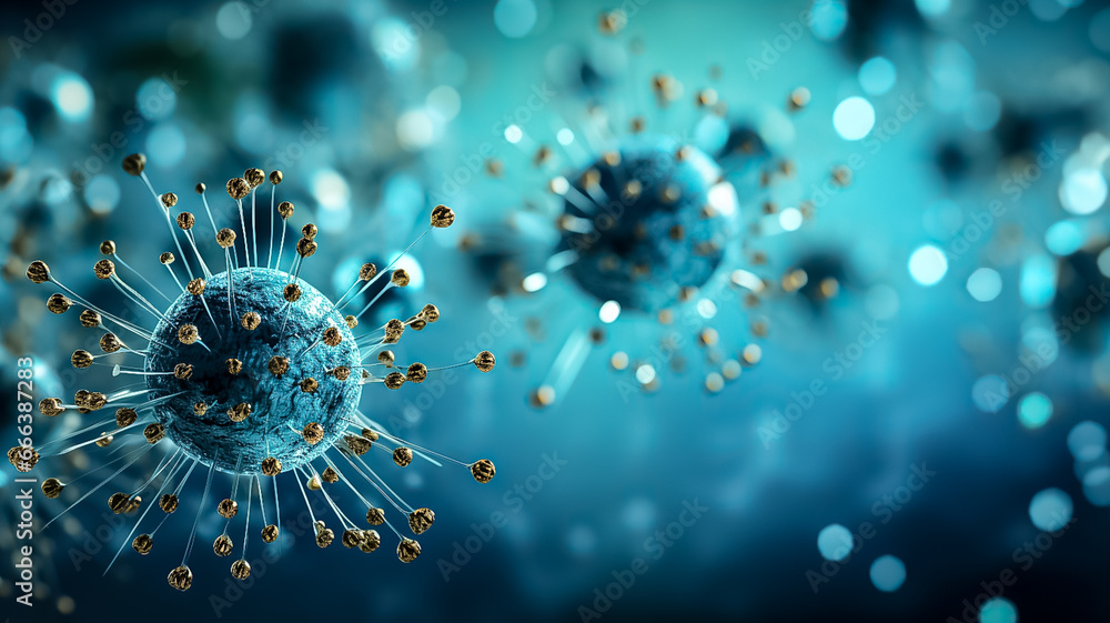 Fototapeta premium Virus background, Flu,viruses and bacteria shapes against blue background. Close-up of virus cells or bacteria. Concept of science and medicine copy space