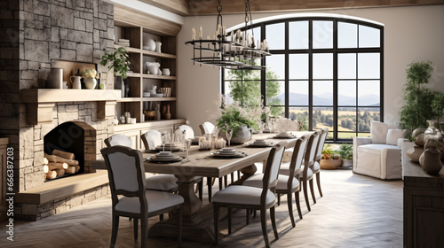 Contemporary farmhouse style dining room featuring © Noman