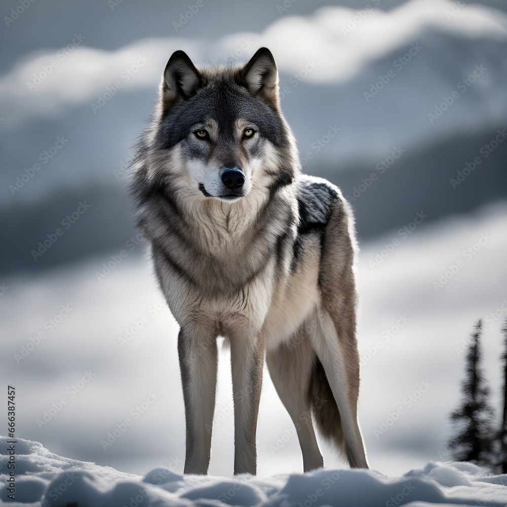 A lone wolf standing regally against a snowy backdrop.