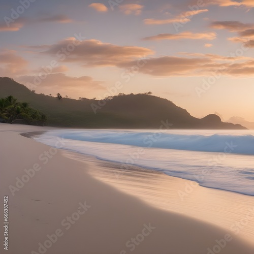 A pristine, untouched beach at sunrise.