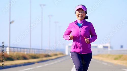 フィットネスとシニア女性、笑顔でジョギングをする日本人