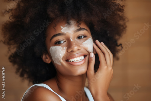 Young woman with lot of white paint on her face. This unique and creative image can be used for artistic projects or to represent concepts such as purity, creativity, or transformation.